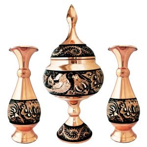 ست 3 تکه گلدان و شکلات خوری مسی مدل الماس تراش کد 24
